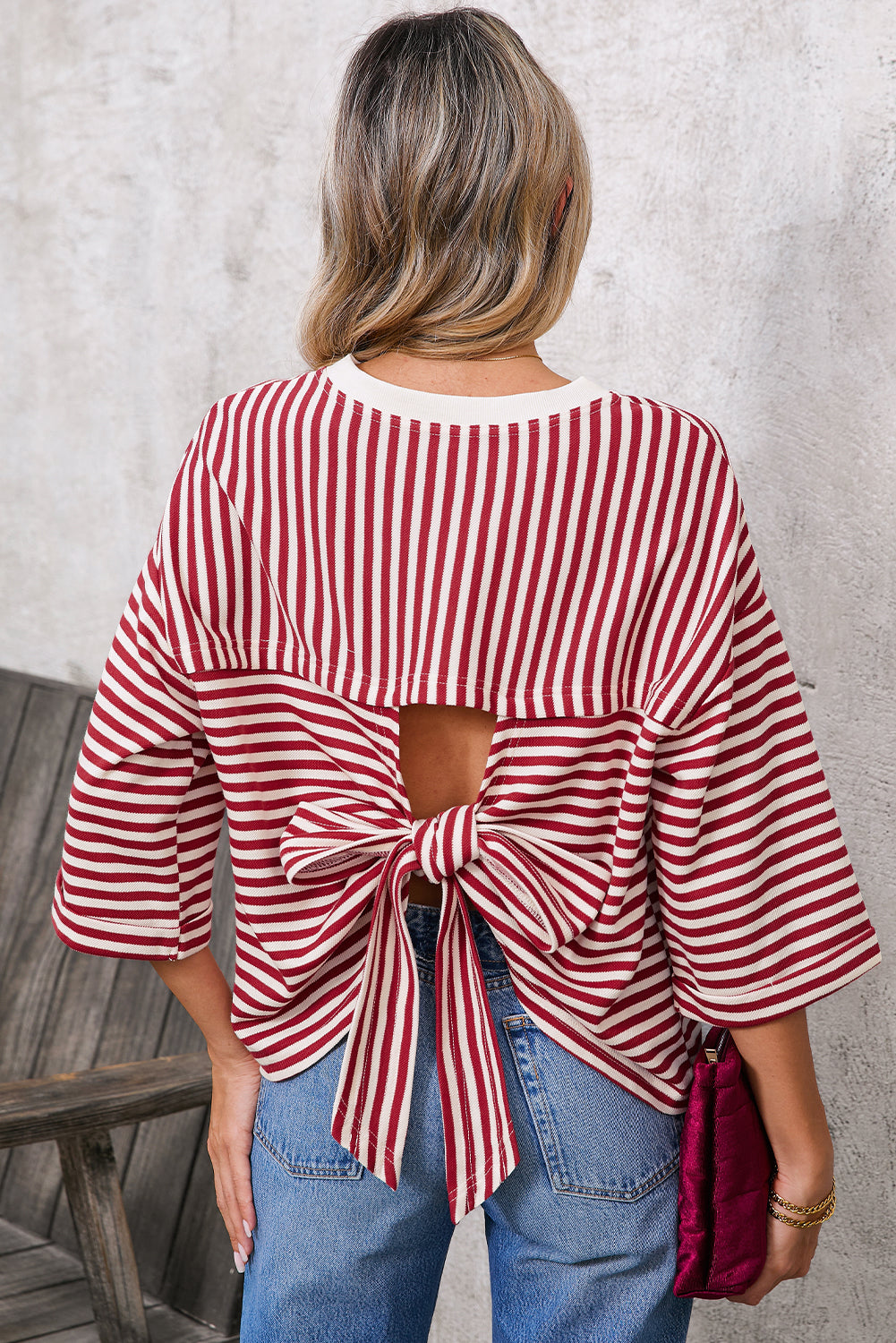 Black Stripe Bowknot Backless T-Shirt