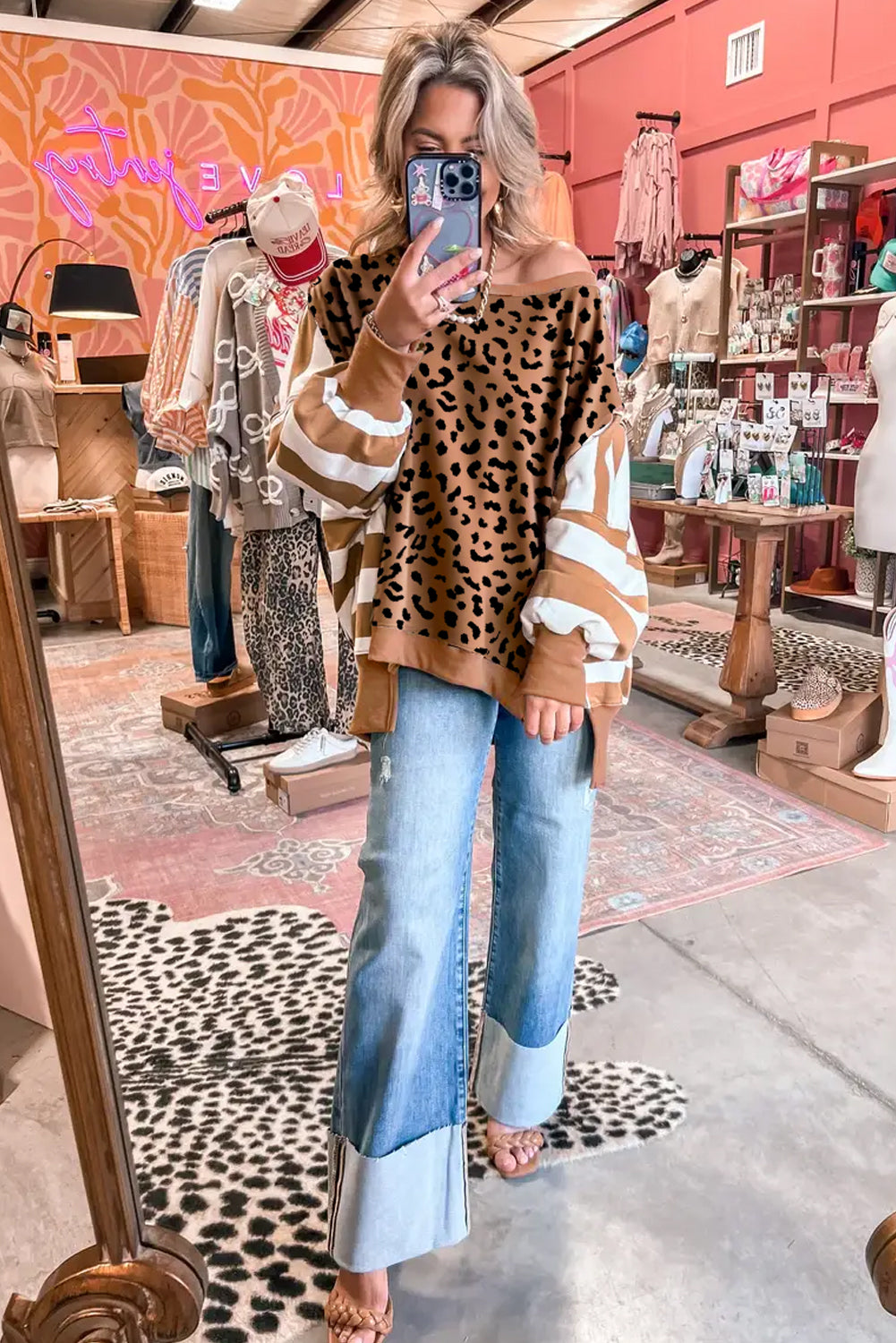 Khaki Stripe Color Block Patchwork Leopard Casual Sweatshirt with Slits
