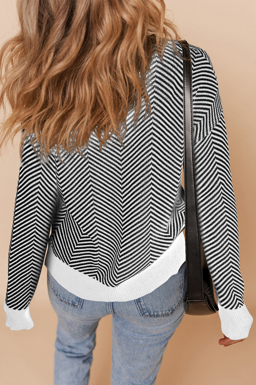 Brown Stripe Buttoned Front V Neck Herringbone Cardigan