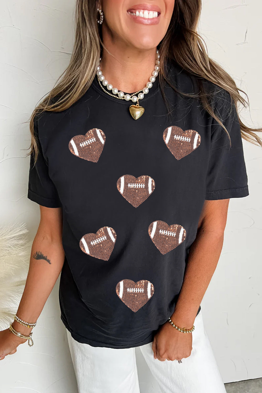 For The Love Of Football Sequin Heart Patched Graphic Tee