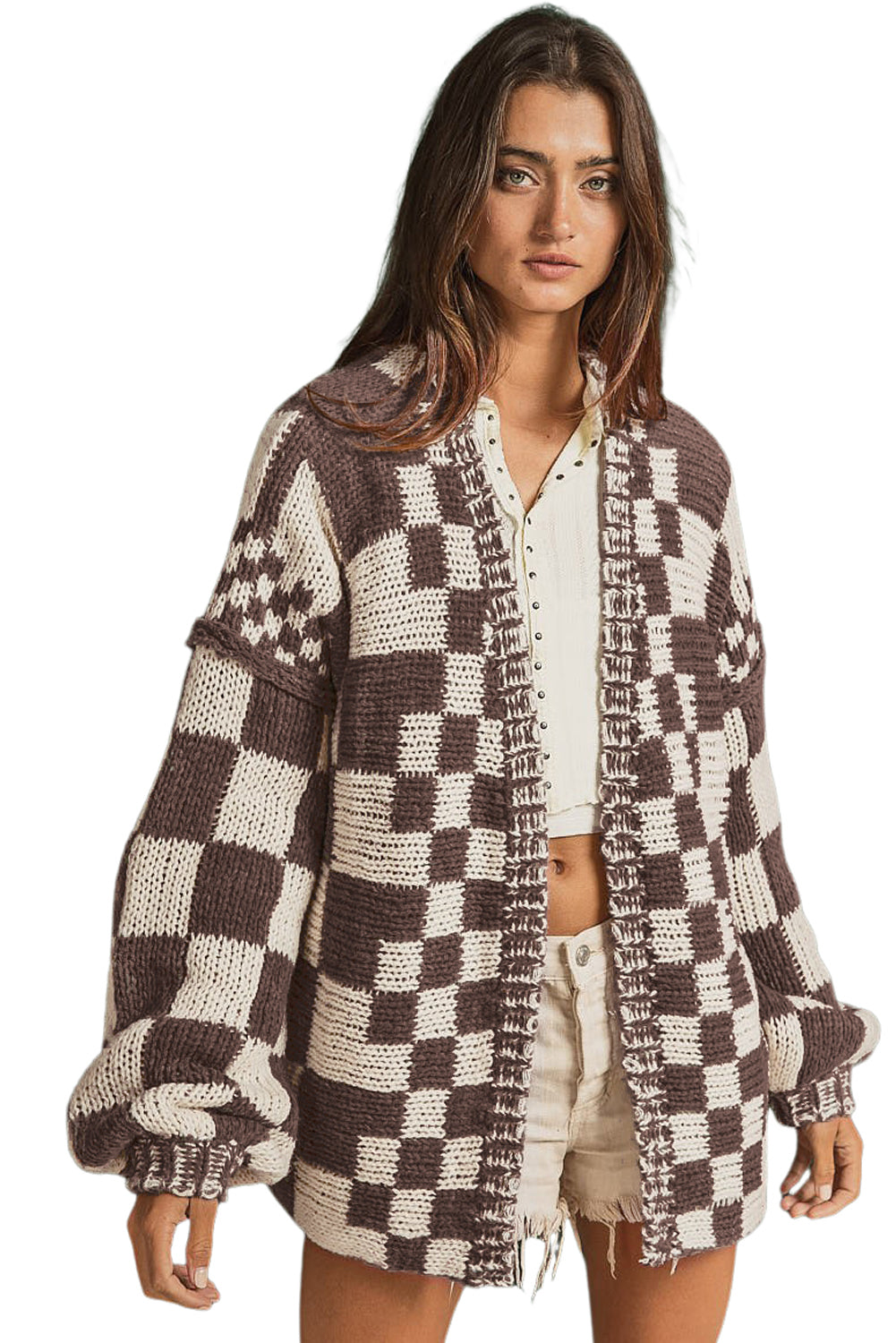 Smoke Gray Colorblock Checked Open Front Knitted Cardigan