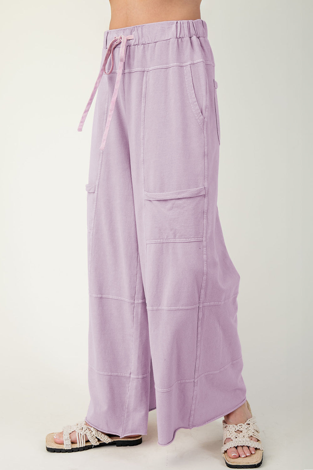 Black Mineral Wash Exposed Seam Drawstring Elastic Waistband Wide Leg Cargo Pants