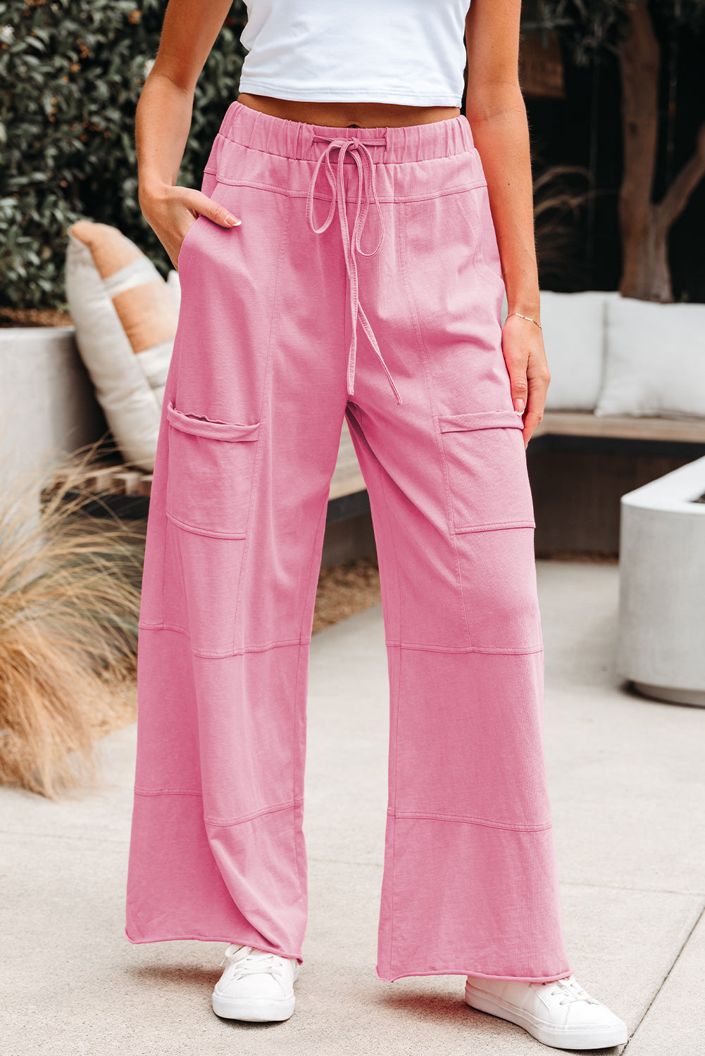 Black Mineral Wash Exposed Seam Drawstring Elastic Waistband Wide Leg Cargo Pants