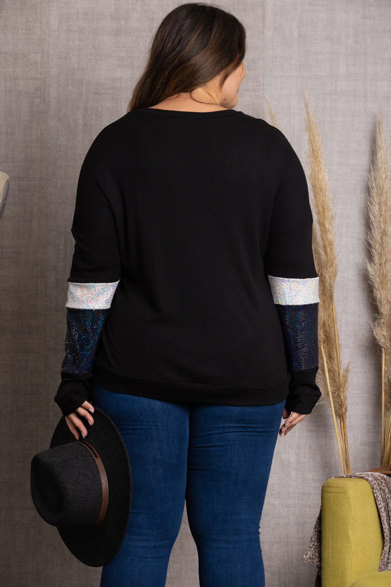 NOIR BLACK RIBBED SEQUENCE LONG SLEEVES PLUS SIZE TOP