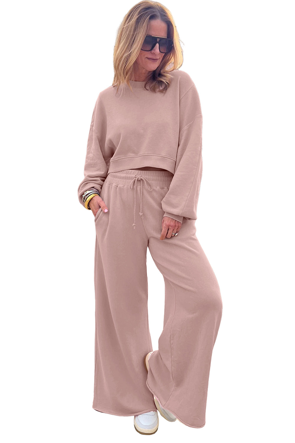 Bright Green Drop Shoulder Crop Pullover Drawstring Wide Leg Pants Set