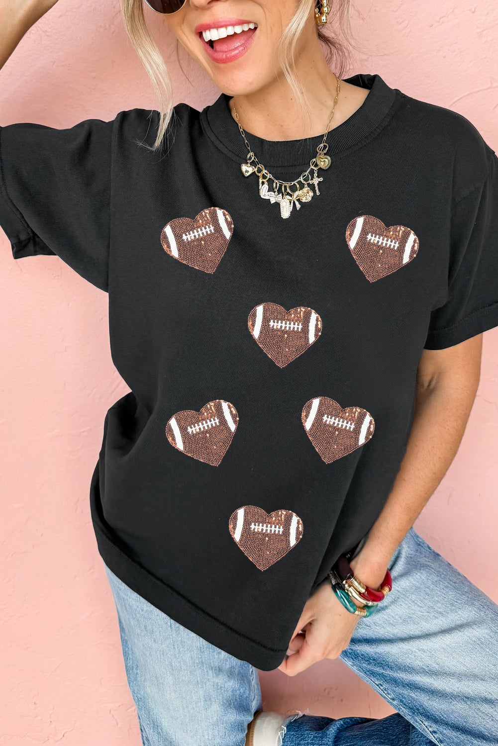 For The Love Of Football Sequin Heart Patched Graphic Tee