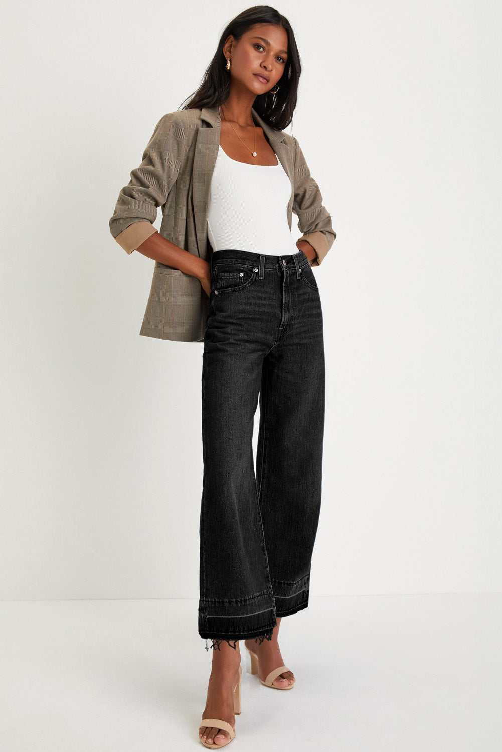 Real Teal Raw Hem Straight Leg Loose High Waist Jeans