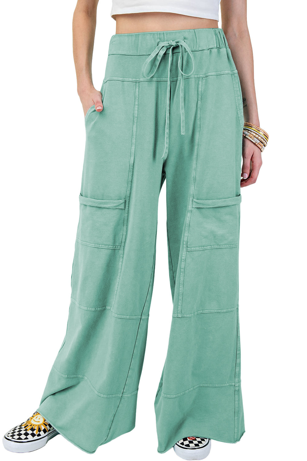 Bonbon Mineral Wash Exposed Seam Wide Leg Cargo Pants
