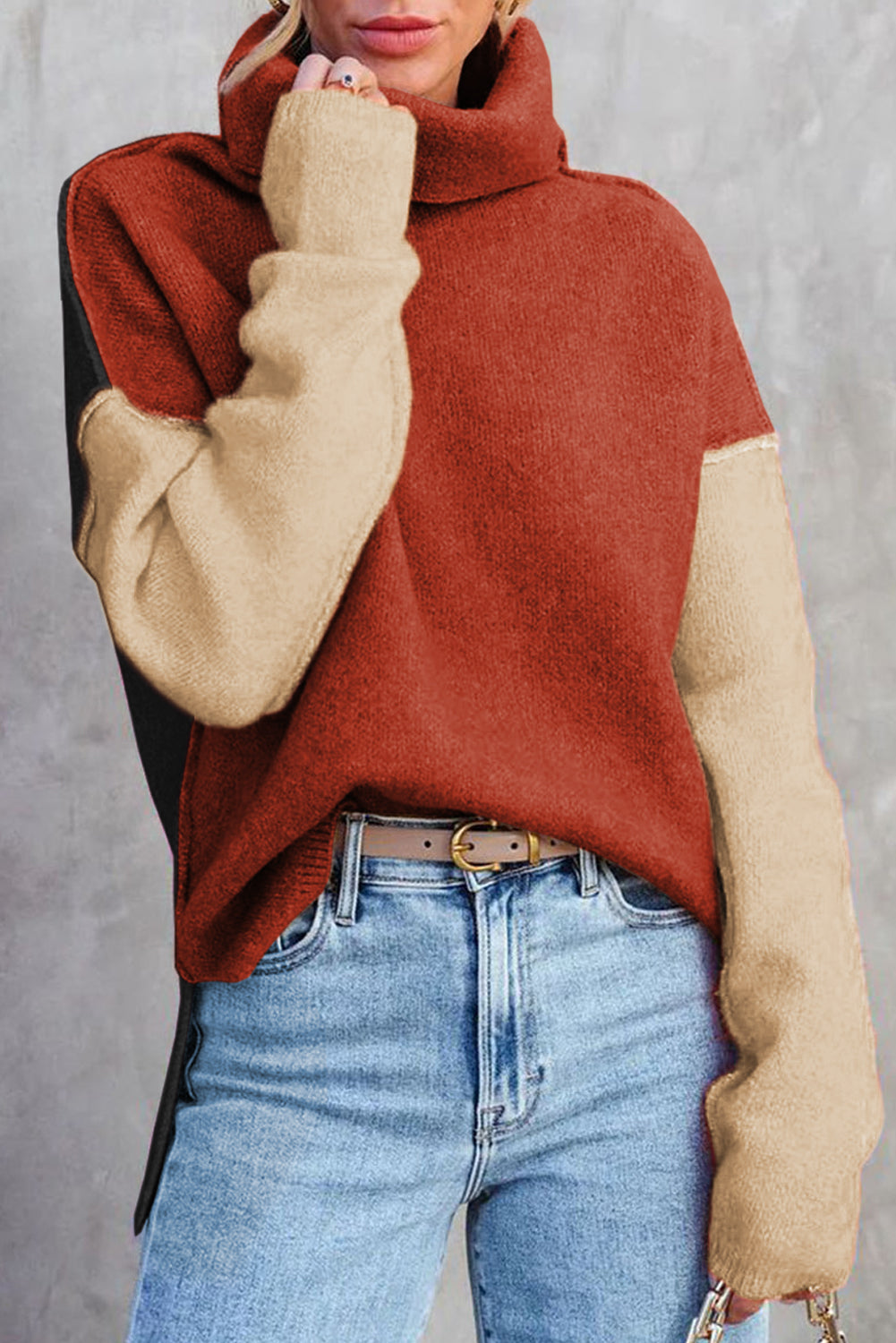 Pale Chestnut Color Block Turtle Neck Drop Shoulder Knit Sweater