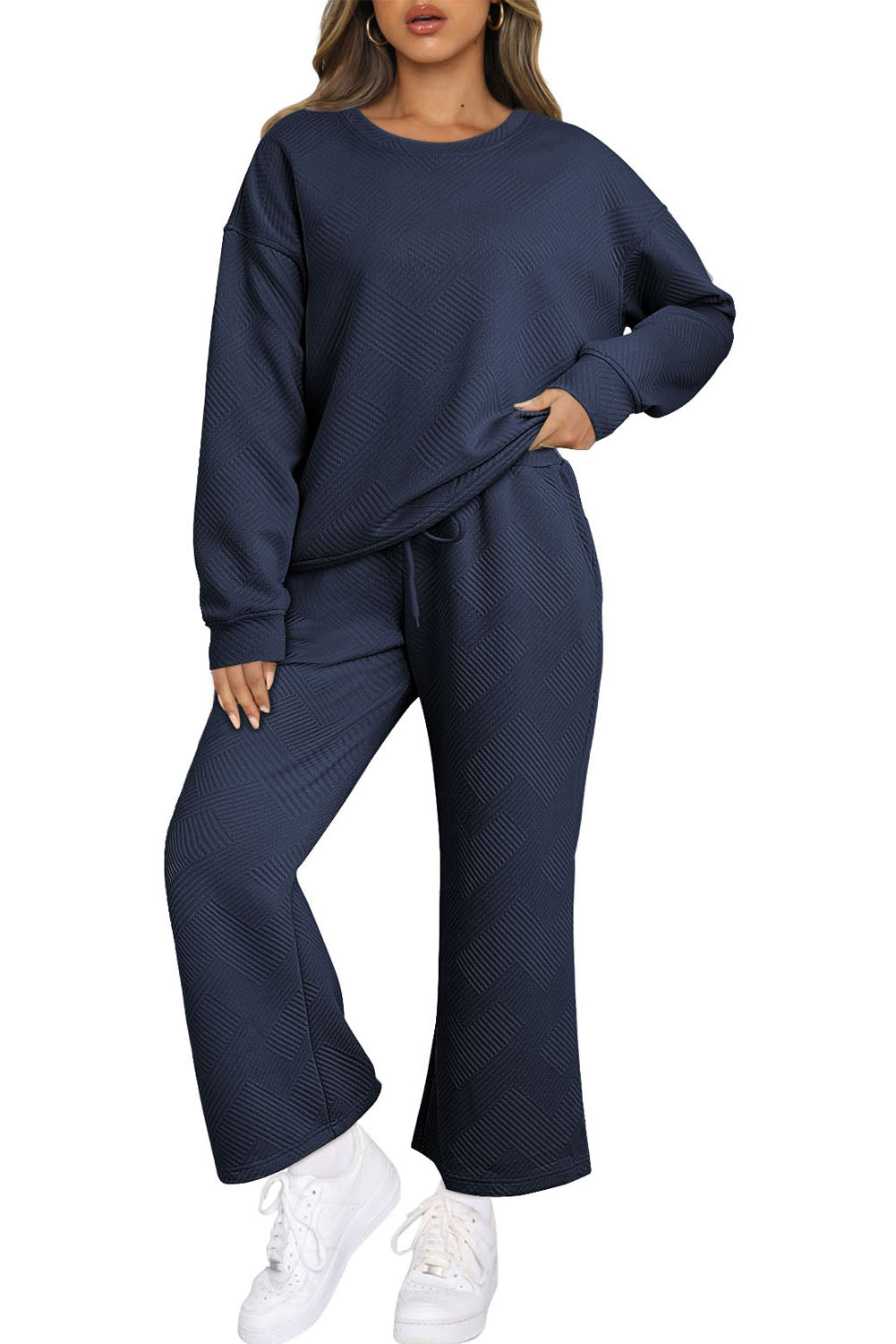 Black Textured Loose Slouchy Long Sleeve Top and Pants Set