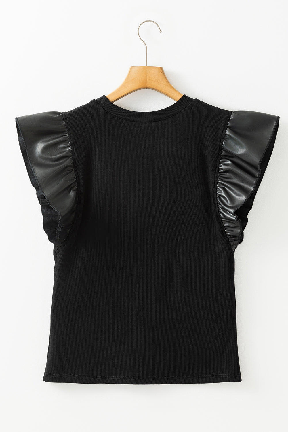 Black Sequin Helmet Graphic Leather Ruffle Sleeve Top