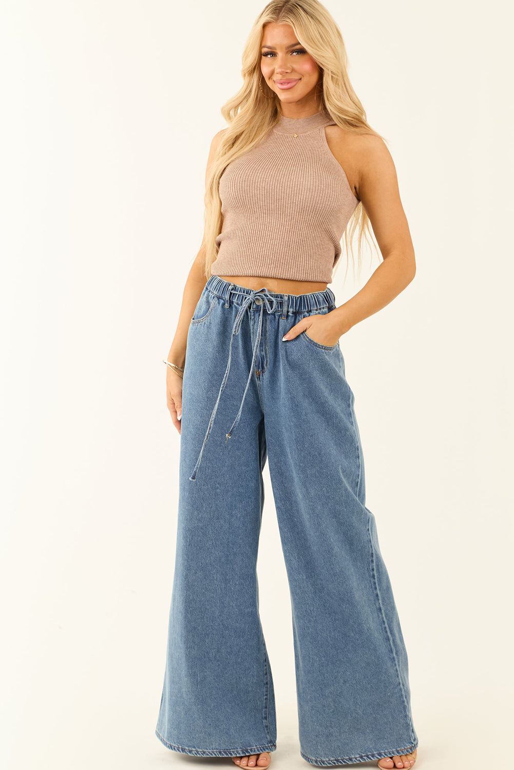 Dusk Blue Medium Wash Drawstring Waist Wide Leg Jeans