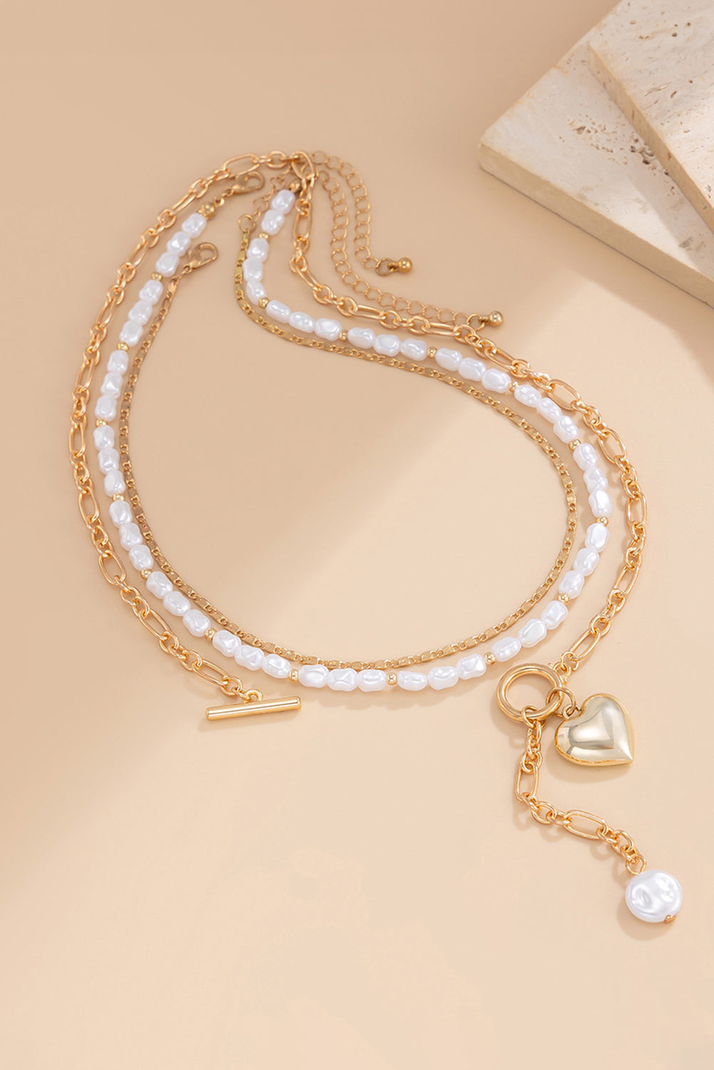 Gold 3pcs Heart Pendant Pearl Necklace Set
