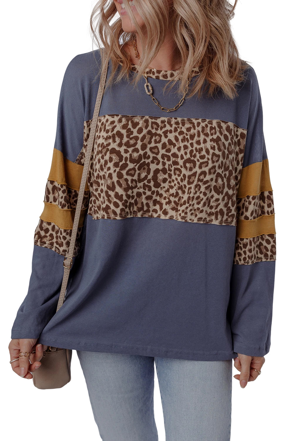 Dark Blue Leopard Colorblock Patchwork Drop Shoulder Top