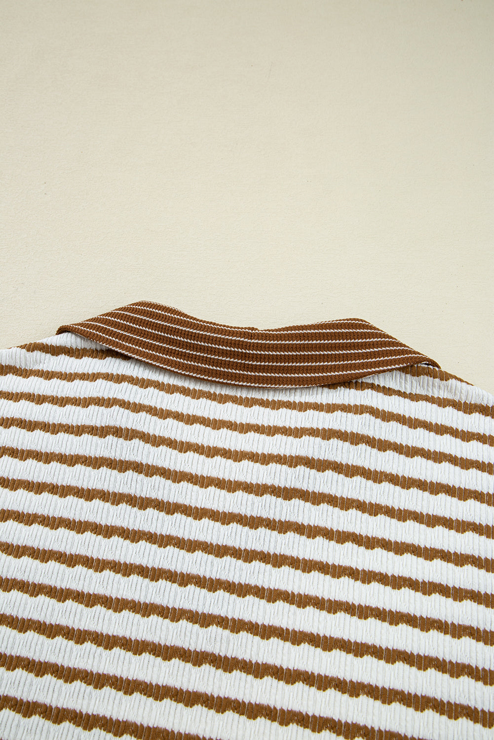 White Stripe Textured Collared Pullover Top and Drawstring Pants Set