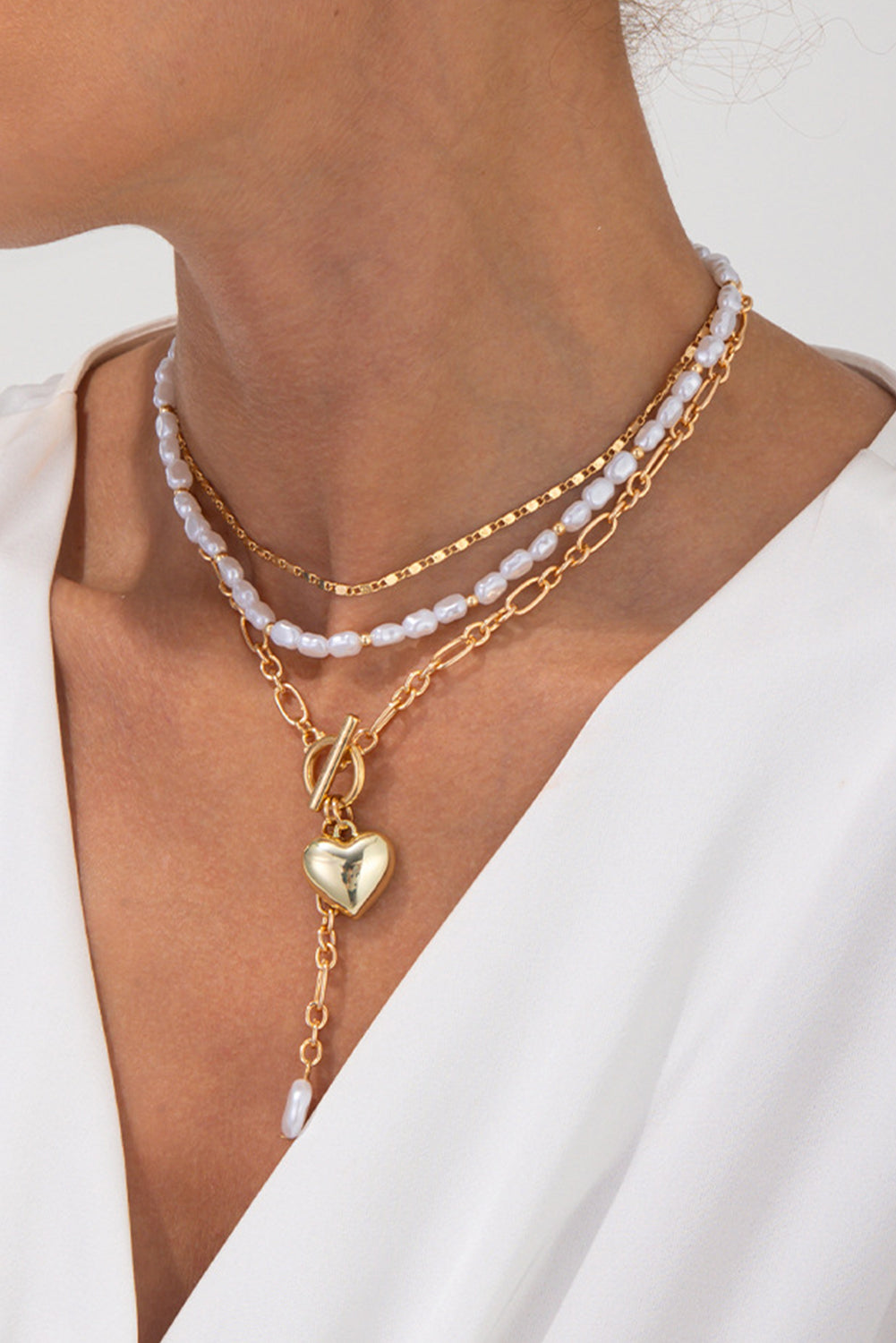 Gold 3pcs Heart Pendant Pearl Necklace Set