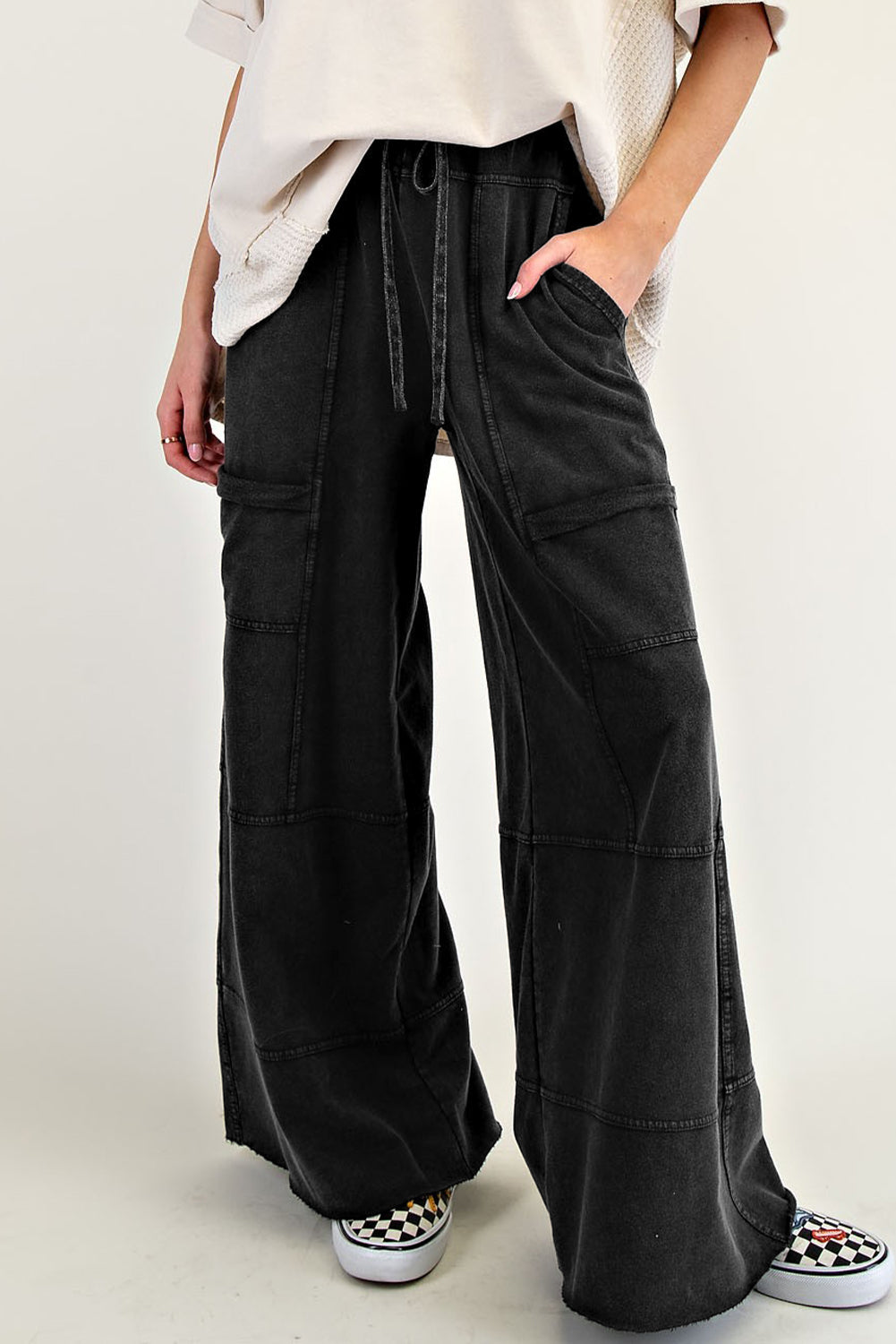 Bonbon Mineral Wash Exposed Seam Wide Leg Cargo Pants