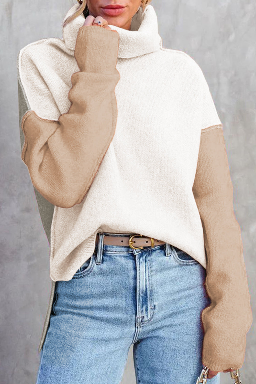 Pale Chestnut Color Block Turtle Neck Drop Shoulder Knit Sweater
