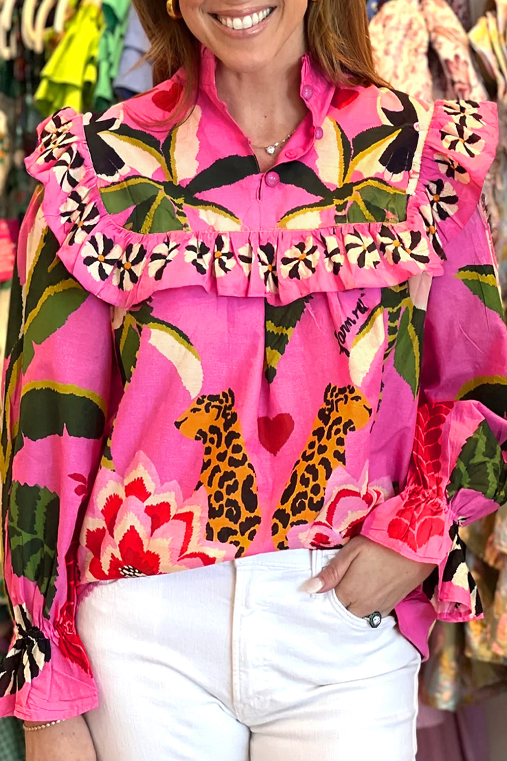 Rose Leopard Print Tropical Ruffle Blouse