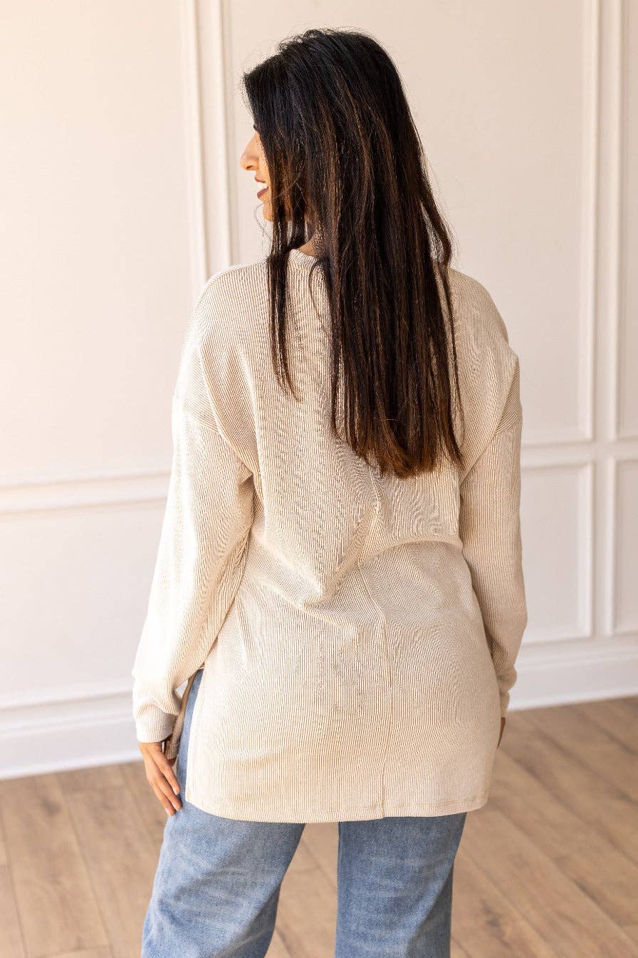 Pure Sweetness Beige Ribbed Long-sleeve Top