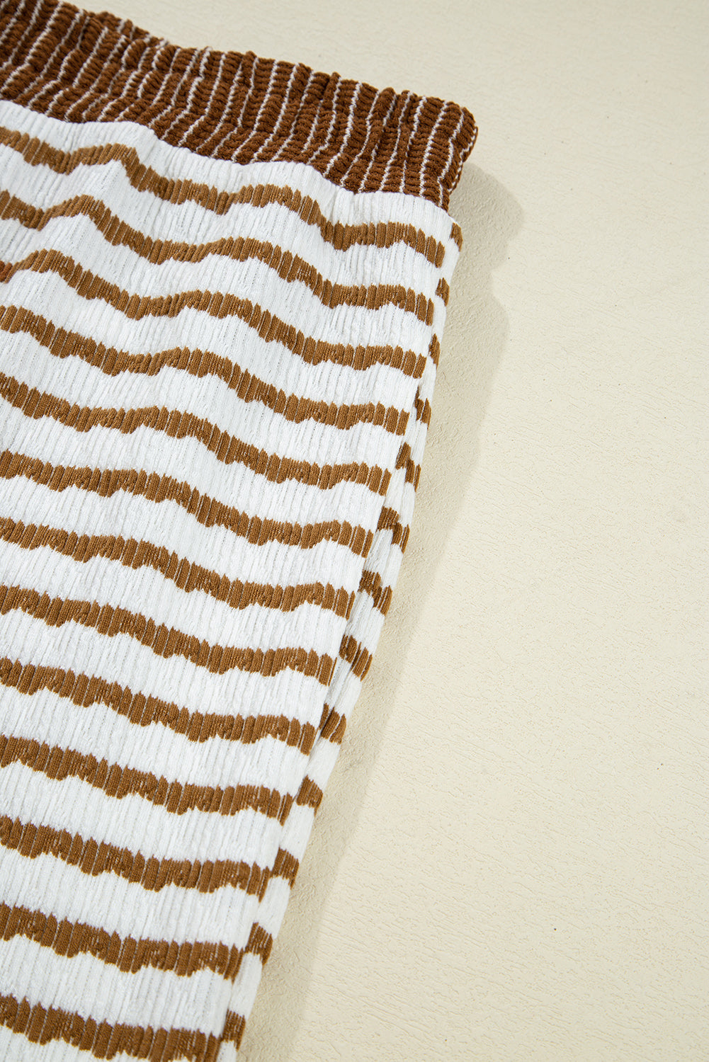 White Stripe Textured Collared Pullover Top and Drawstring Pants Set