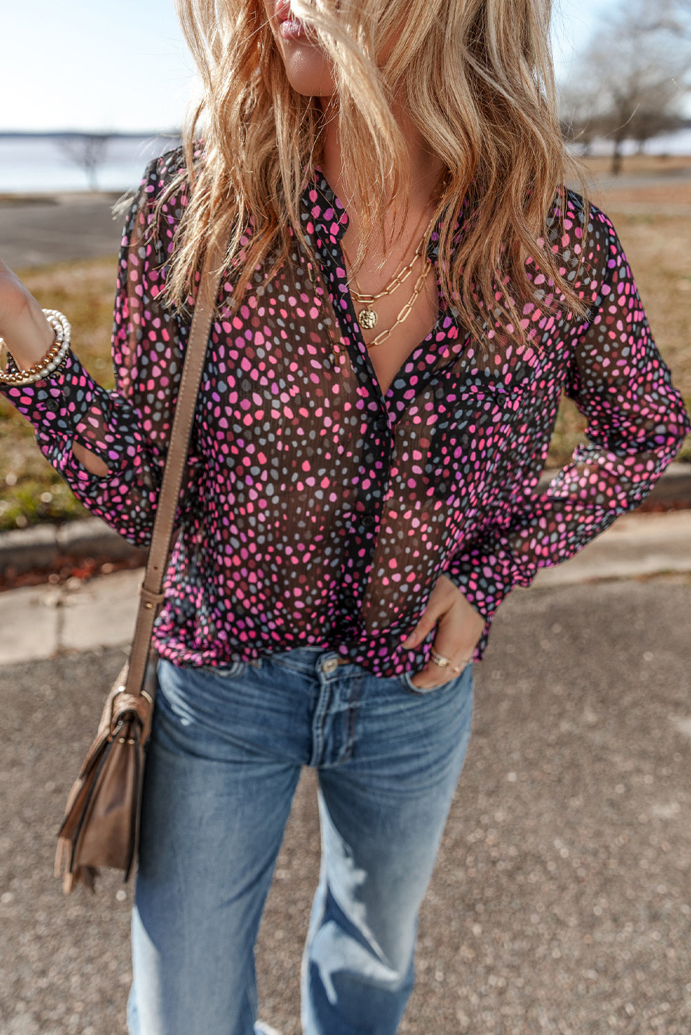 Grape Wine Polka Dot Print Buttoned Shirt