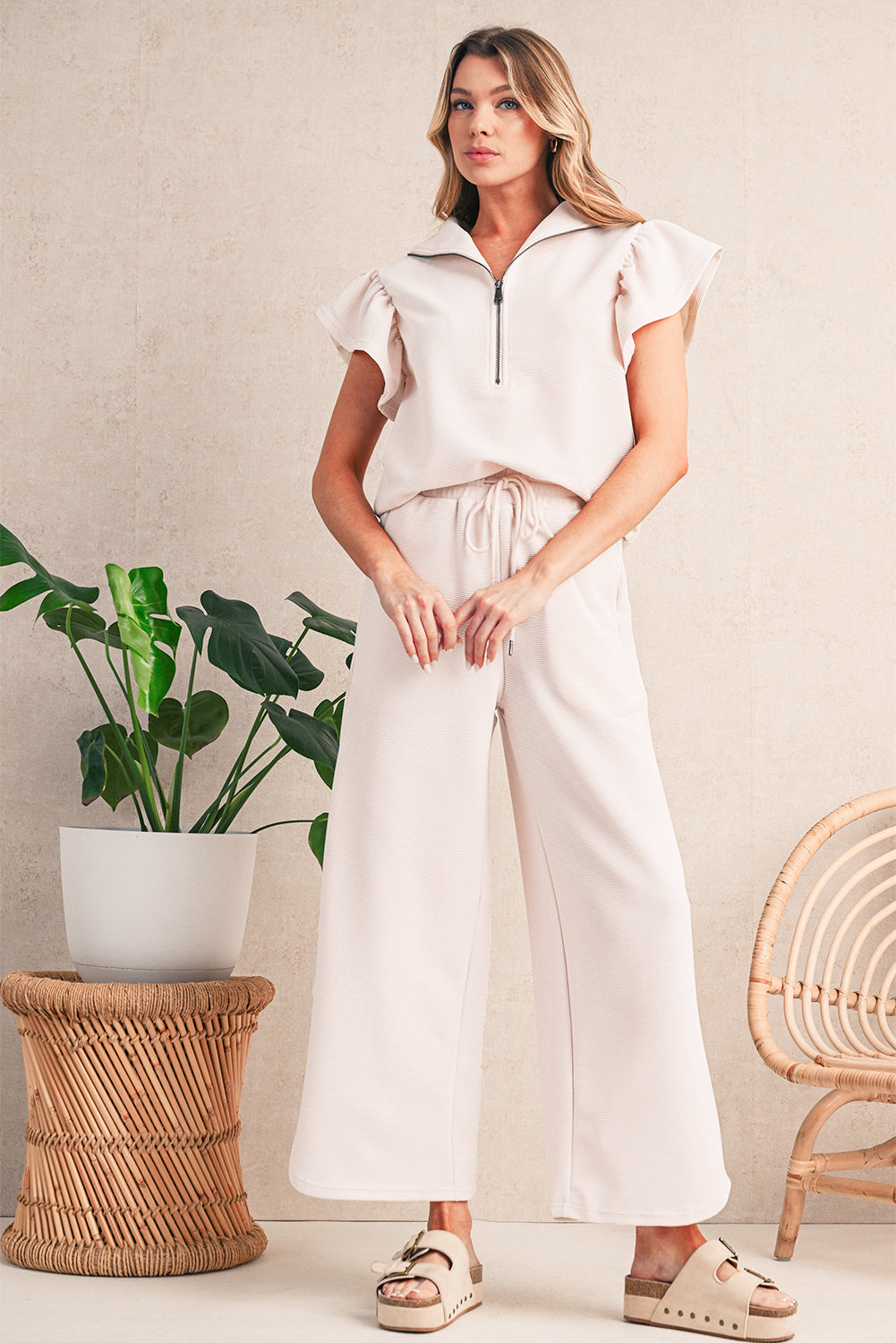 Black Textured Ruffle Sleeve Zipped Top and Wide Leg Pants Set
