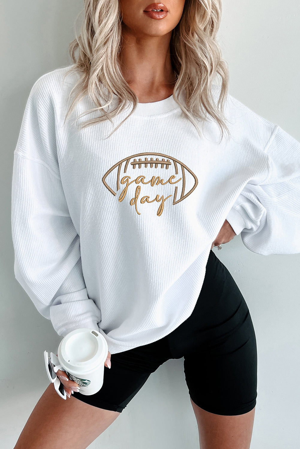 White Football Graphic Drop Shoulder Game Day Corded Sweatshirt