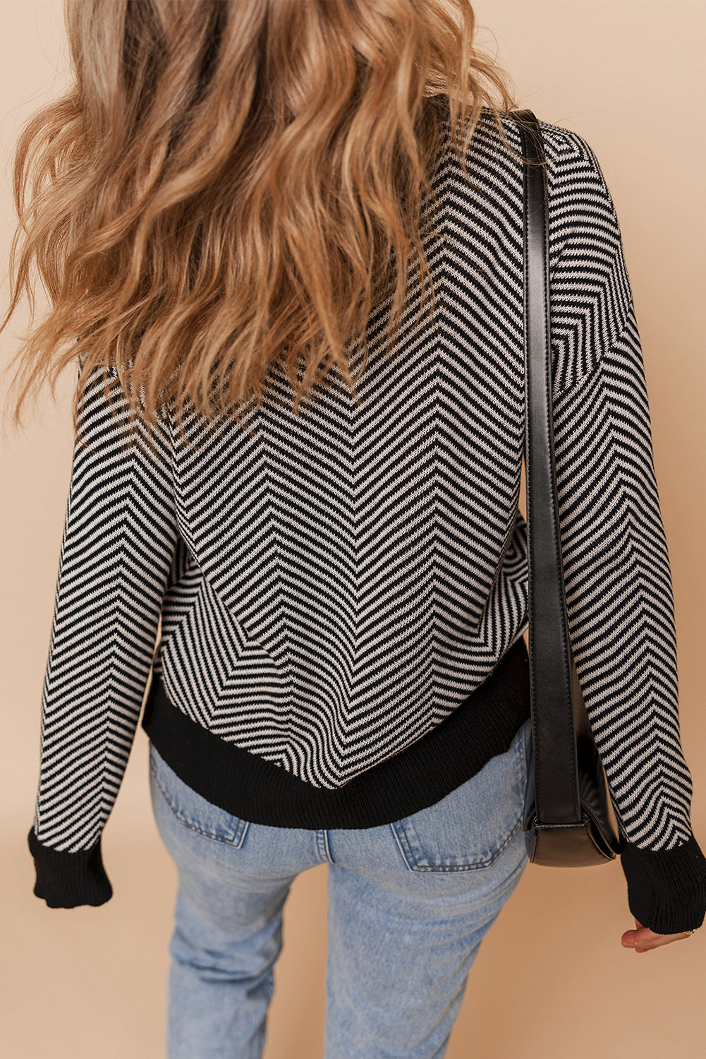 Brown Stripe Buttoned Front V Neck Herringbone Cardigan