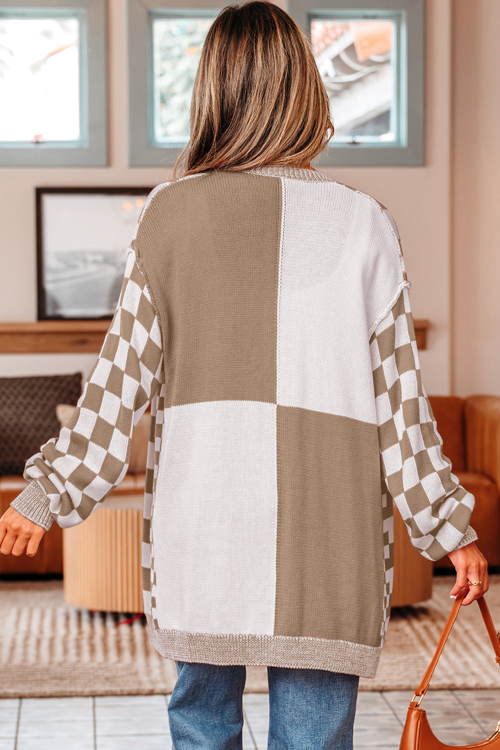 Black Checkered Open Front Drop Shoulder Cardigan
