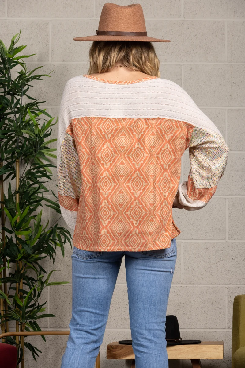 LIGHT RUST AZTEC CONTRAST LONG SLEEVE TOP