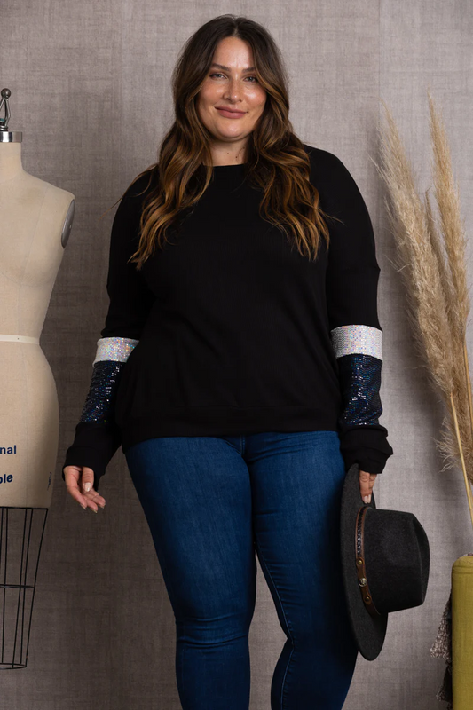 NOIR BLACK RIBBED SEQUENCE LONG SLEEVES PLUS SIZE TOP