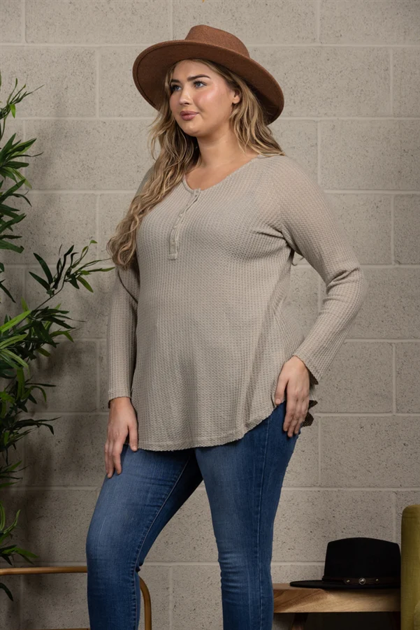 THERMAL WAFFLE KNIT PLUS SIZE HENLEY TOP