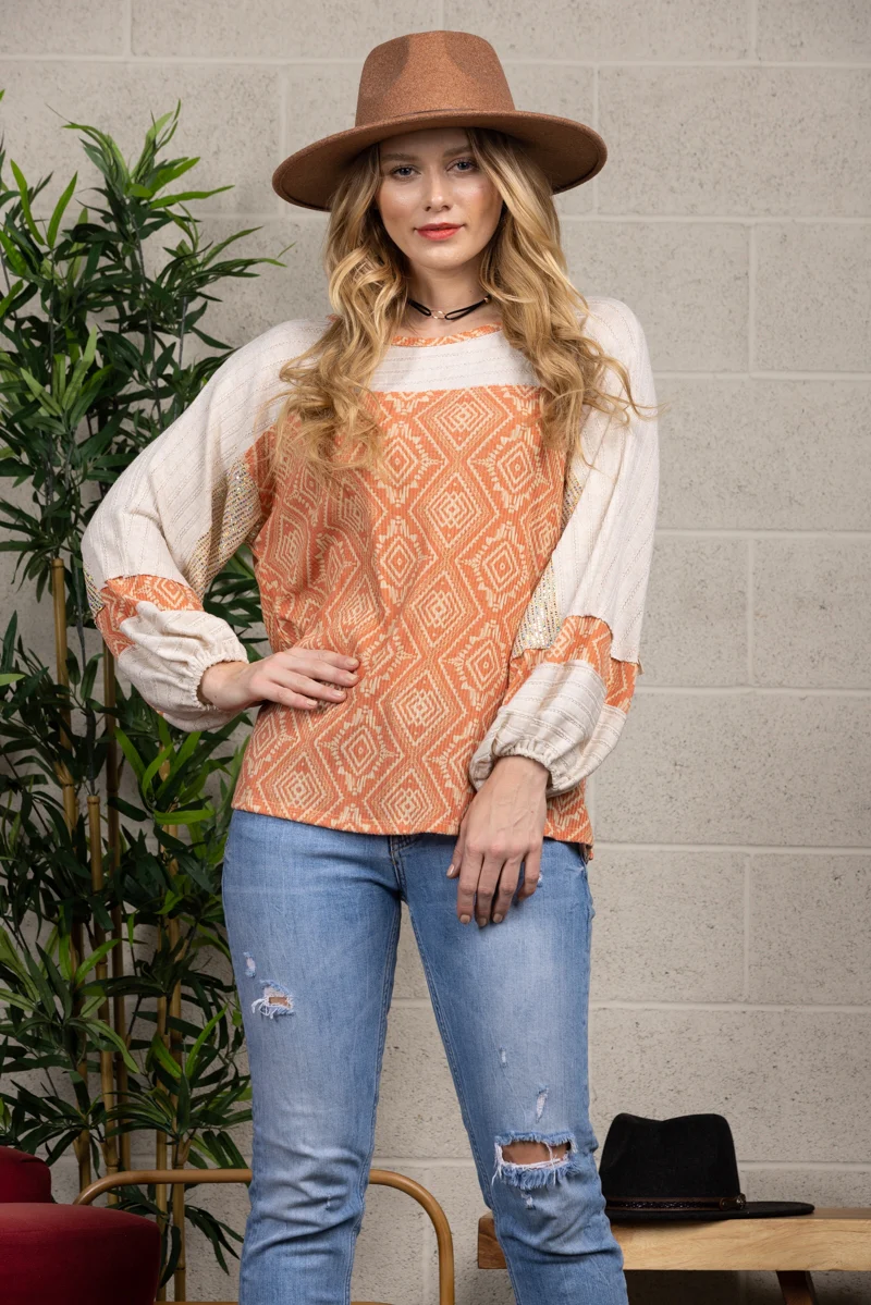 LIGHT RUST AZTEC CONTRAST LONG SLEEVE TOP