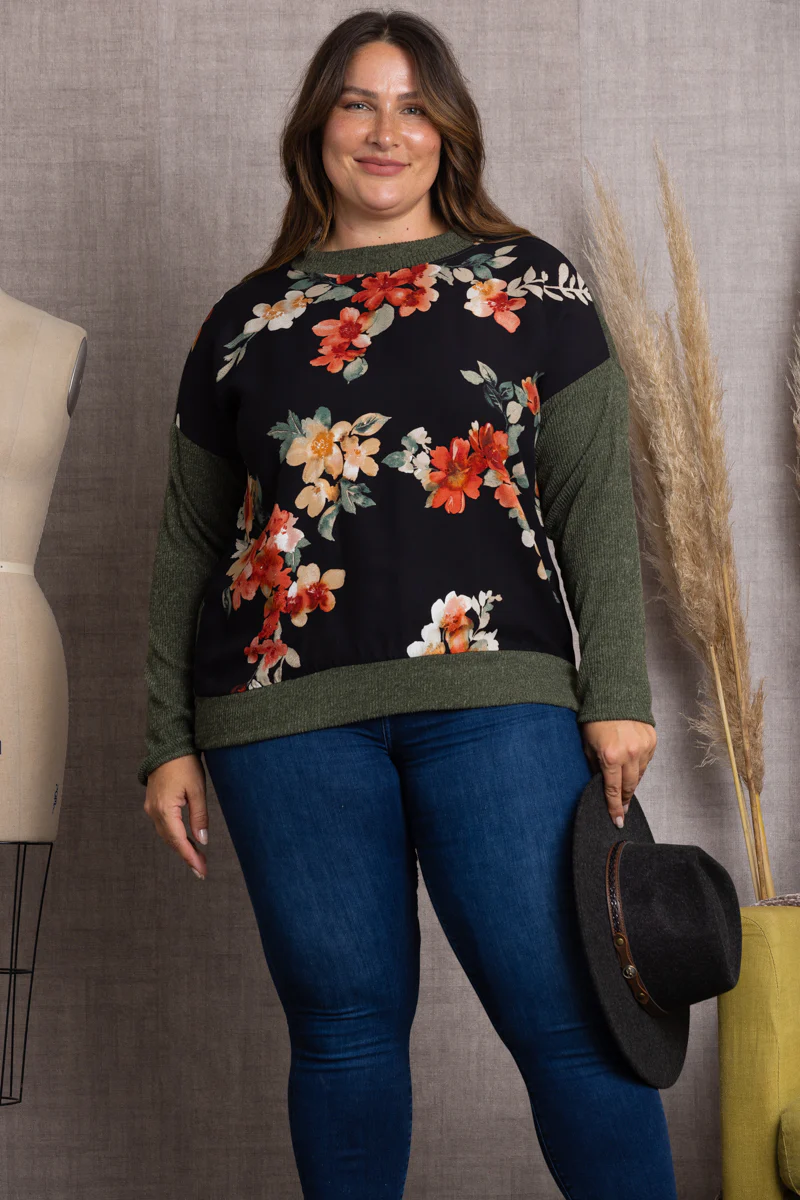 BLACK FLORAL PRINT RIB STITCH CONTRAST PLUS SIZE TOP