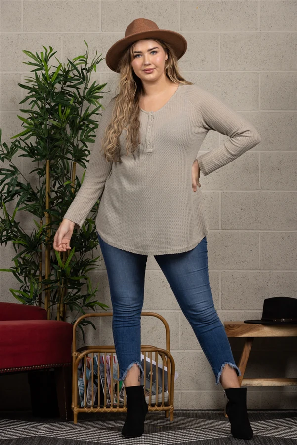 THERMAL WAFFLE KNIT PLUS SIZE HENLEY TOP