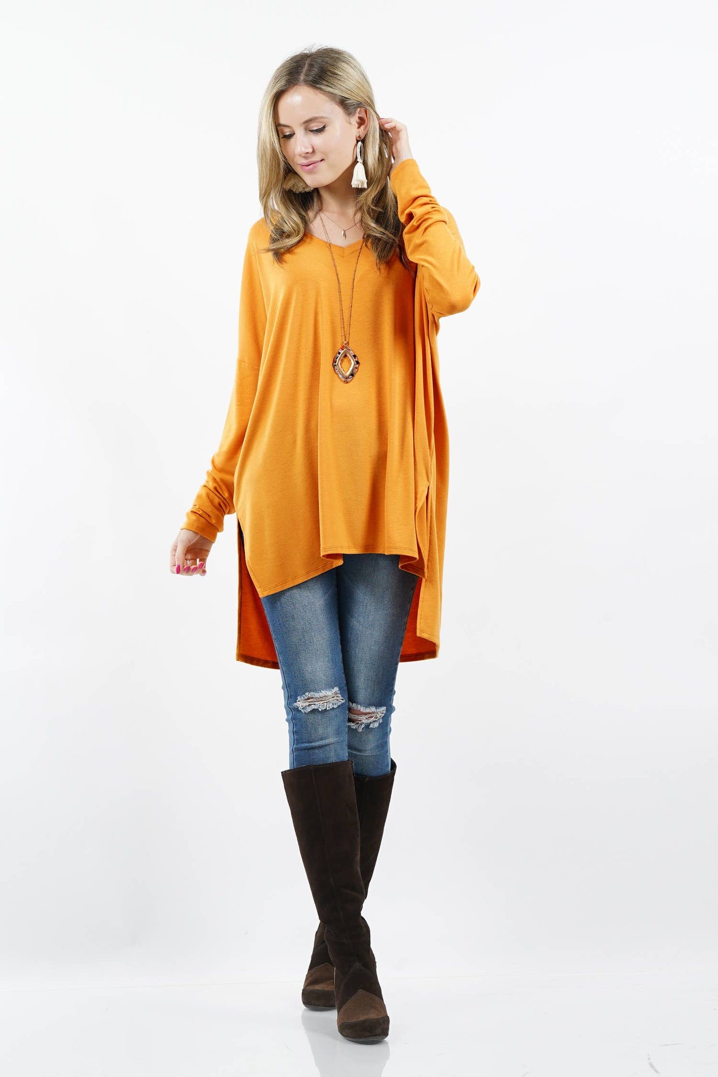 DOLMAN LONG SLEEVE V-NECK SIDE SLIT HI-LOW HEM TOP