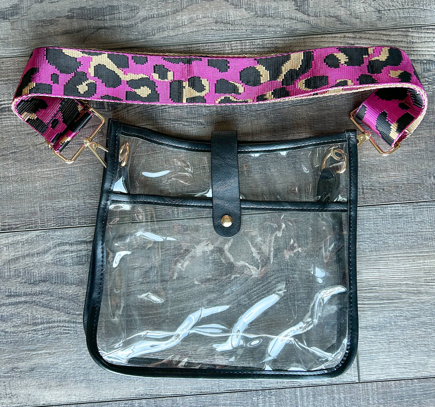 Clear Crossbody Bag Stadium Approved: Black with Pink/Black/Gold Strap