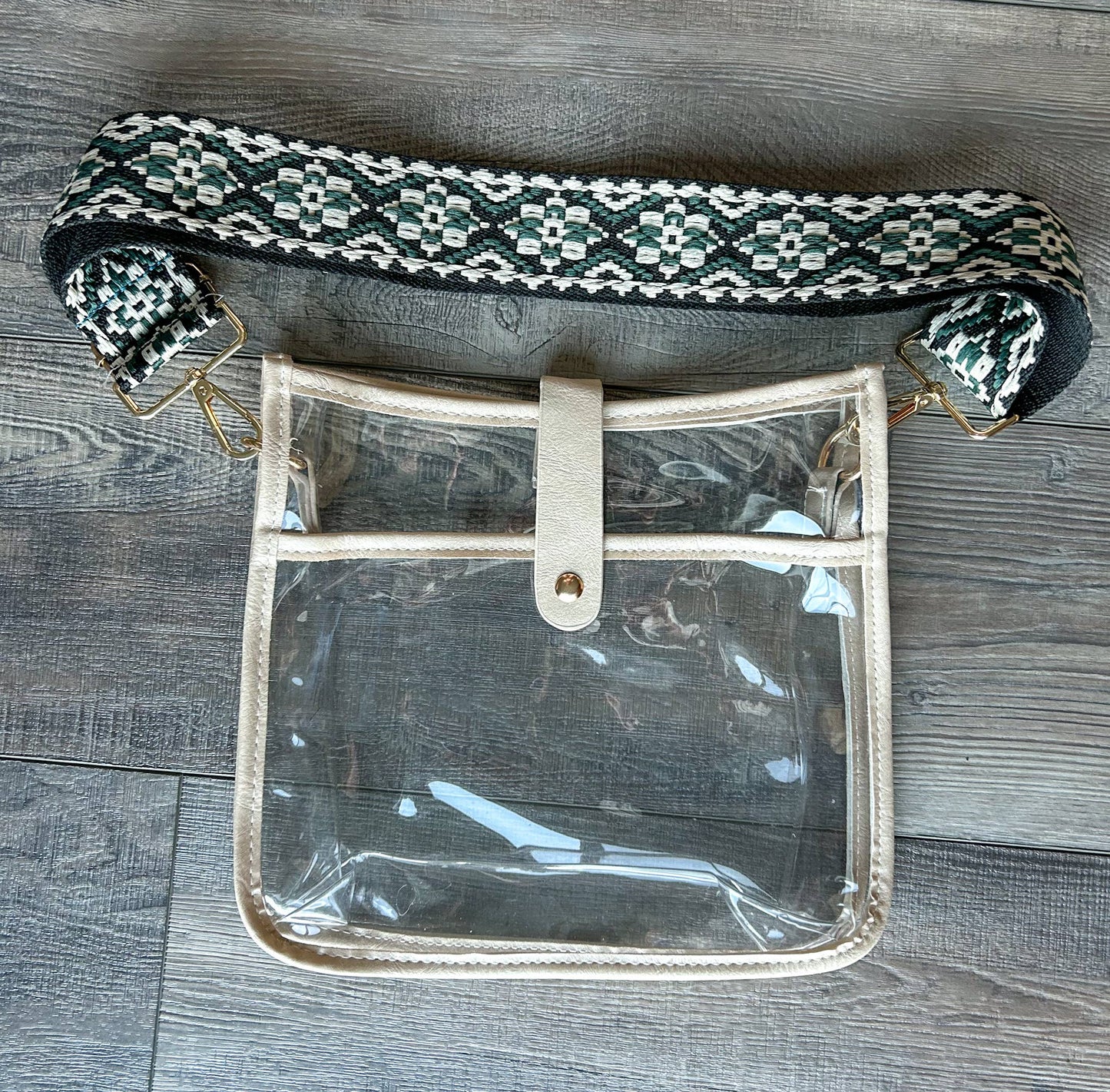 Clear Crossbody Bag Stadium Approved: Cream with Black/Green/Cream Strap